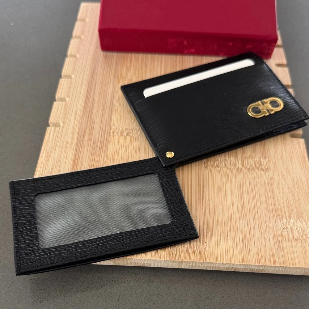 Salvatore Ferragamo NWOT Black Leather Card Case Wallet with box.
